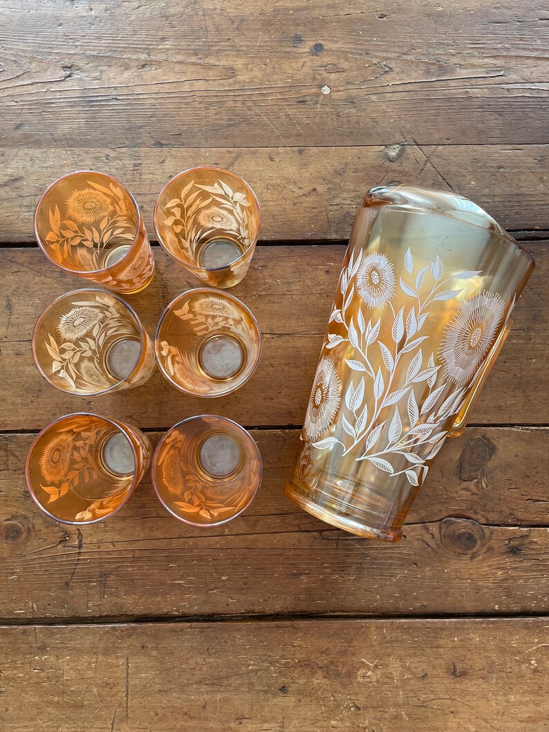 Vintage Iridescent Glass Pitcher and Glasses Cosmos Etsy