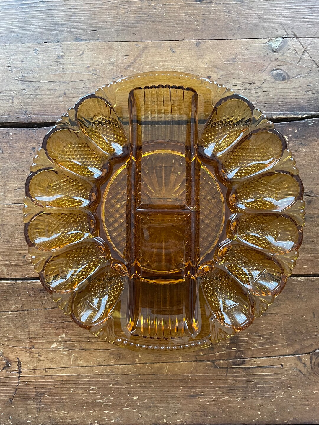L.E. Smith Heritage Pattern Amber Glass Deviled Egg and Crudité Plate