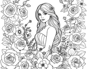 Könnte beinhalten: Schwarz-Weiß-Illustration einer Frau, umgeben von Rosen und anderen Blumen. Die Frau hat langes, fließendes Haar und trägt ein trägerloses Kleid. Eine Blume schmückt ihr Haar. Das Bild eignet sich zum Ausmalen.