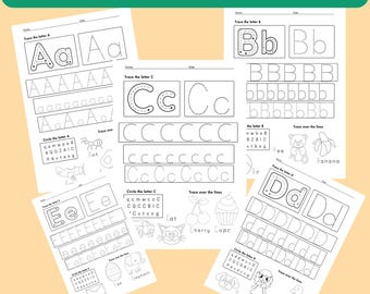 May include: A collection of alphabet tracing worksheets for letters A through M. Each sheet features uppercase and lowercase letters, tracing lines, and illustrations. The worksheets are designed for early childhood education and handwriting practice.