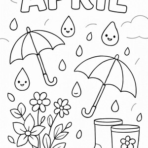 Puede incluir: Ilustraci&oacute;n en blanco y negro con la palabra "ABRIL" en la parte superior. La imagen presenta paraguas, gotas de lluvia con caras, flores y botas de agua, todo en un estilo de libro para colorear.