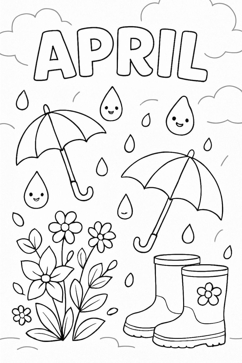Puede incluir: Ilustraci&oacute;n en blanco y negro con la palabra "ABRIL" en la parte superior. La imagen presenta paraguas, gotas de lluvia con caras, flores y botas de agua, todo en un estilo de libro para colorear.