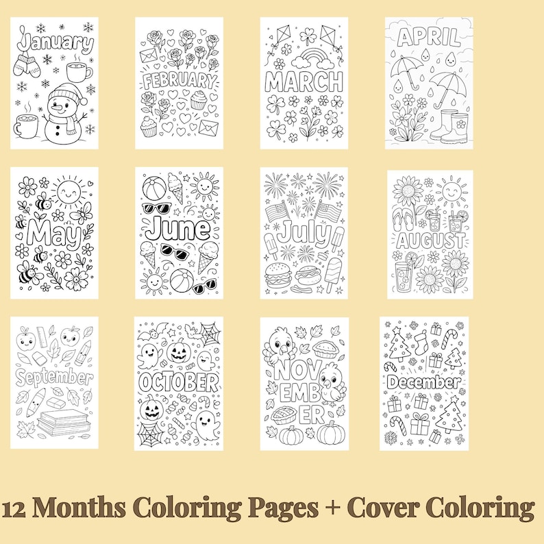 Puede incluir: Un conjunto de doce p&aacute;ginas para colorear, cada una representando un mes del a&ntilde;o. Las p&aacute;ginas son dibujos lineales en blanco y negro con temas de temporada, incluyendo mu&ntilde;ecos de nieve, flores y decoraciones navide&ntilde;as. El texto "12 Months Coloring Pages + Cover Coloring" est&aacute; en la parte inferior.