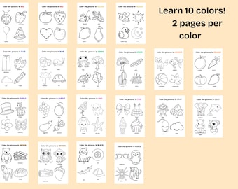 May include: A collection of printable colouring pages for children, featuring various objects to colour in ten different colours. Each page has a title indicating the colour and the objects to be coloured. The text "Learn 10 colours! 2 pages per colour" is also visible.
