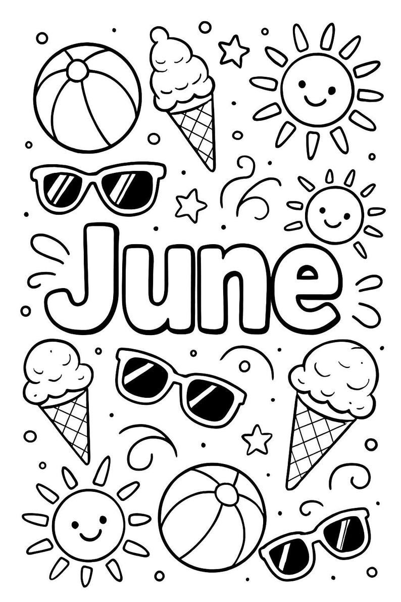 Puede incluir: Ilustraci&oacute;n en blanco y negro con elementos de verano. Incluye gafas de sol, pelotas de playa, conos de helado, soles sonrientes, estrellas y la palabra "June". Un dise&ntilde;o divertido y veraniego.