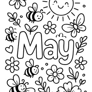 Puede incluir: Ilustraci&oacute;n en blanco y negro con la palabra "May" rodeada de flores, abejas, una mariposa, un sol sonriente y corazones. El dise&ntilde;o es sencillo y adecuado para colorear o como elemento decorativo.