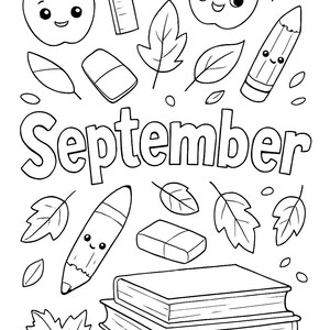 Puede incluir: Ilustraci&oacute;n en blanco y negro con la palabra &laquo;Septiembre&raquo; y elementos escolares. Incluye manzanas sonrientes, l&aacute;pices, gomas de borrar, una regla, hojas y libros. Perfecto para colorear o proyectos de vuelta al cole.