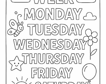Página para colorear imprimible de los días de la semana: actividad divertida para niños - Descarga instantánea