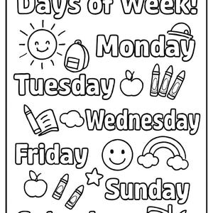 Puede incluir: Ilustración educativa en blanco y negro titulada "Let's Learn Days of Week!" que presenta los días de la semana con imágenes correspondientes como un sol para el lunes, una manzana para el martes y una cama para el sábado.