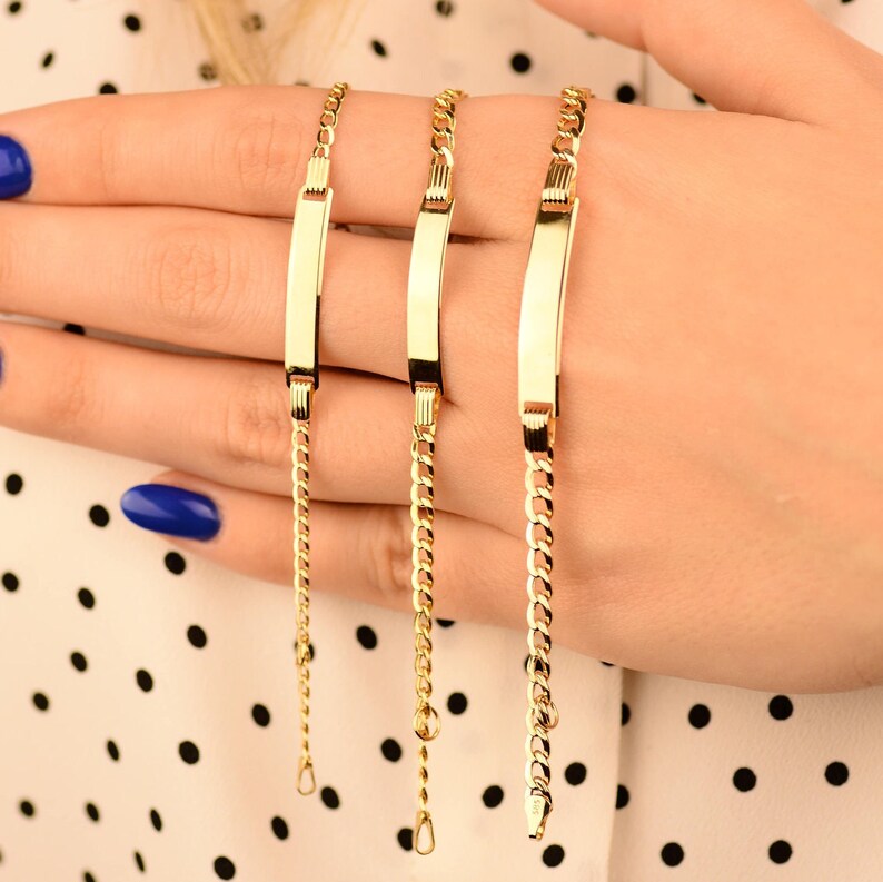 14K Solid Gold Baby ID Bracelet Curb Chain Child Name Tag Etsy