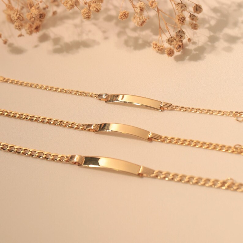 14K Solid Gold Baby ID Bracelet Curb Chain Child Name Tag Etsy