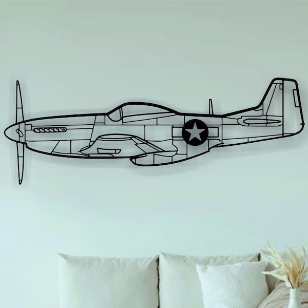 P-51 Mustang Aircraft Silhouette Metal Metal Wall Art, Decorazione della parete della silhouette dell'aeroplano, Aereo personalizzato, Decorazione della parete in metallo, Elicottero, regalo