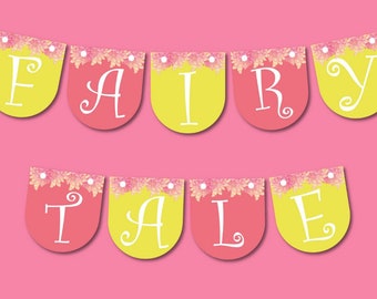 Printable Banners for Fairy Tale themed birthday Parties, DIY Instant Download, Cupcake and cake toppers, Happy birthday digital decorations