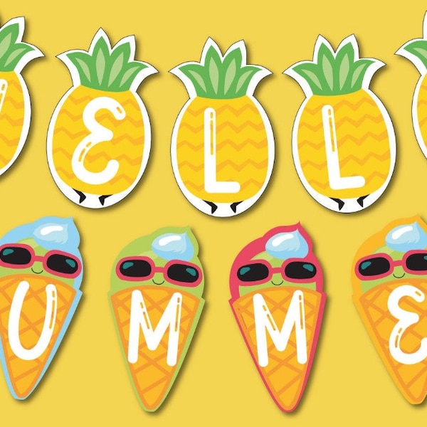 Printable Banners for Summer Party, Hello Summer, DIY Instant Download, Cupcake and cake toppers, Summer digital decorations