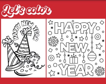 Printable  New Year Party Coloring Pages for your kids, DIY Instant Download, Happy New Year digital decoration