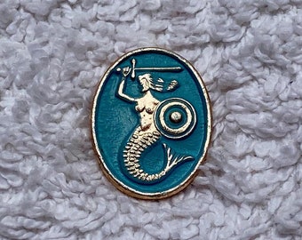 Vintage Light Blue Warsaw Mermaid Enamel Pin | Antique Warszawa Mermaid Lapel Pin | Vintage Poland Warsaw Badge | Vintage Mermaid Pin