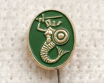 Vintage Green Warsaw Mermaid Enamel Pin | Antique Warszawa Mermaid Lapel Pin | Vintage Poland Warsaw Badge | Vintage Mermaid Pin | Polish