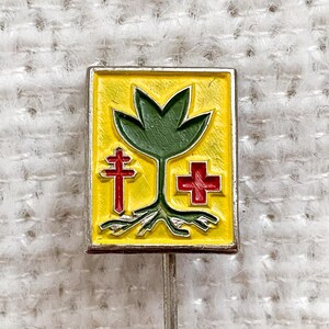 Può includere: Uno spillo in smalto giallo con una pianta verde che cresce dalle radici, una croce rossa e una croce rossa con una barra bianca. Lo spillo è su uno sfondo bianco.