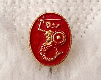 Vintage Red Warsaw Mermaid Enamel Pin | Antique Warszawa Mermaid Lapel Pin | Vintage Poland Warsaw Badge | Vintage Mermaid Pin | Polish