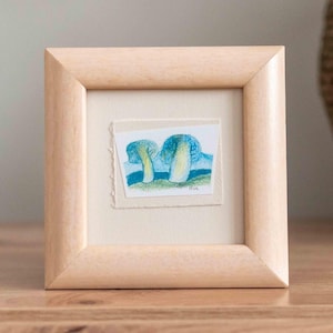 Vintage Watercolor Painting of Blue and Yellow Trees in Wood Frame - Small Framed Artwork for Nature Lovers - 1980s Original Signed by Ika