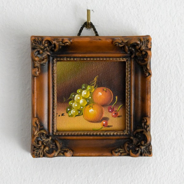 Peinture à l’huile originale miniature vintage | Peinture de fruits antiques dans un cadre de cire | Belle peinture à l’huile miniature | Orange, Raisin, Cerises