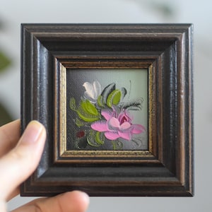 Vintage 1986 Miniature Magnolia Blossom – Original Framed Minimalist Oil Painting, Pink Floral, Vintage Art Home Decor, Miniature Art Gift