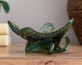 Ciotola decorativa color smeraldo vintage anni '60 / Ciotola in vetro con design a foglia a forma libera moderna retrò di metà secolo / Ciotola in vetro in stile Murano antico