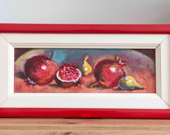 ヴィンテージ サイン入り油絵: ミッドセンチュリーの赤いザクロと