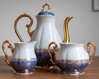 Juego de té y café de porcelana europea vintage de la década de 1960 - Cafetera Zajecar de porcelana antigua, azucarero, jarra de crema - Juego de té retro europeo