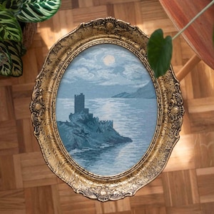 Large Vintage 1960s Beautiful Wiehler Castle at Sea Framed Gobelin | Original Framed Wiehler Gobelin Schloss am Meer | Antique Wiehler Art