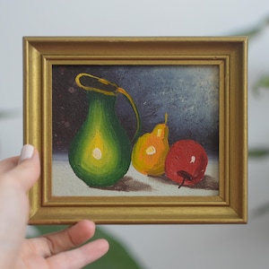 Vintage 1960s Still Life Oil Painting – Framed Mid-Century Art, Ceramic Jug, Apple & Pear, Small Golden Frame, Classic Wall Art Decor Gift