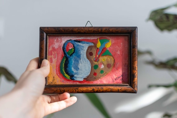 Original Vintage 1969 Miniature Oil Painting – Expressionist Vibrant Still Life with Blue Jug and Artist's Palette – Original Signed Artwork