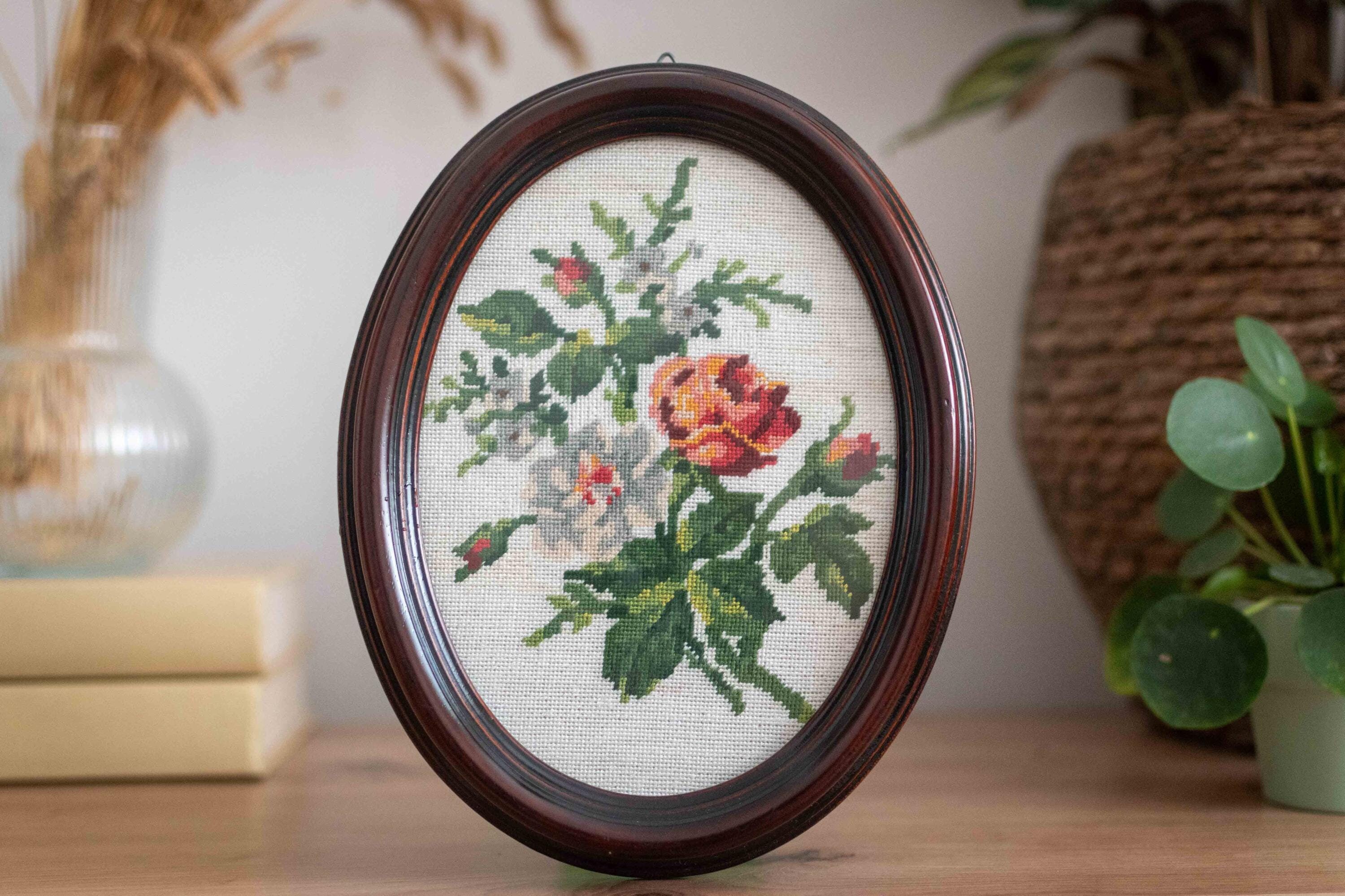 Vintage 1970s Floral Needlepoint Art in Oval Wooden Frame With Glass ...