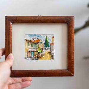 Dipinto ad acquerello mediterraneo firmato vintage anni '70 - Opera d'arte originale in cornice di legno - Retro Croazia Dalmazia Piccola scena di città vecchia Arte