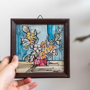 Dipinto ad acquerello floreale firmato vintage anni '50 in cornice di legno quadrata – Opera d'arte originale firmata – Arte retrò per l'arredamento della casa – Art Deco cubista