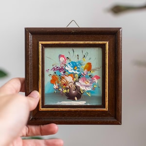 Miniature Vintage 1960s Floral Painting | Oil on Board Artwork in Wooden Frame | Colorful Flower Vase Art | Mid-Century Home Decor Gift