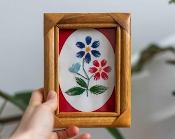 ヴィンテージ刺繍セット | 木製フレームの花モチーフ2点