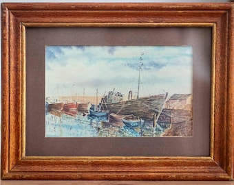 Vintage Framed Harbor Scene Print, Oil Painting Reproduction, Rustic Nautical Wall Art in Wooden Frame | Vintage Framed Print from 1970s