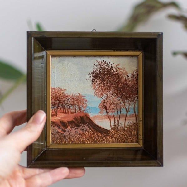 Vintage 1960s Oil Painting on Wood – Savannah Landscape with Brown Trees in Wooden Frame with Gold Accent, African Landscape Painting Gift