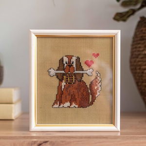 Vintage 1980s Dog Cross Stitch Art - Retro Framed Puppy with Bone Gobelin Needlepoint - Kids Room Decor - Nursery Puppy Wall Decor Art Gift