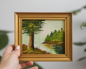 Vintage 1960s Landscape Oil Painting – Original Lake and Pines Artwork, Framed Miniature Hand-Painted Art, Woodland Wall Decor Gift, Cottage