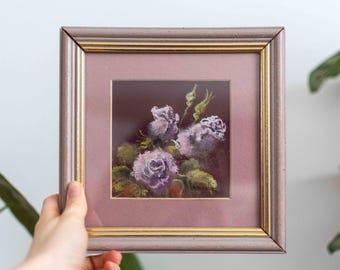 Cuadro floral original vintage de 1998 de Nikola Novosel, firmado por croatas, rosas rosadas y moradas, cuadro cuadrado enmarcado, estilo shabby chic.