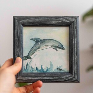 Dipinto ad acquerello originale di delfini degli anni '80 - Dipinto ad acquerello con cornice di delfini minimalisti firmati retrò - Regalo d'arte originale firmato