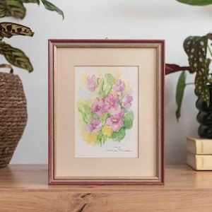 Dipinto ad acquerello originale vintage di fiori di viola del pensiero rosa - Firmato 2001 Floral Art, decorazione da parete botanica incorniciata, regalo per gli amanti dei fiori