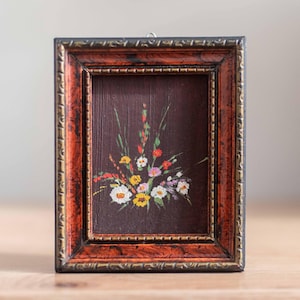 Vintage 1950s Miniature Oil Painting on Wood - Antique Floral Artwork in Ornate Wooden Frame | 1950s Original Art | Miniature Vintage Gift