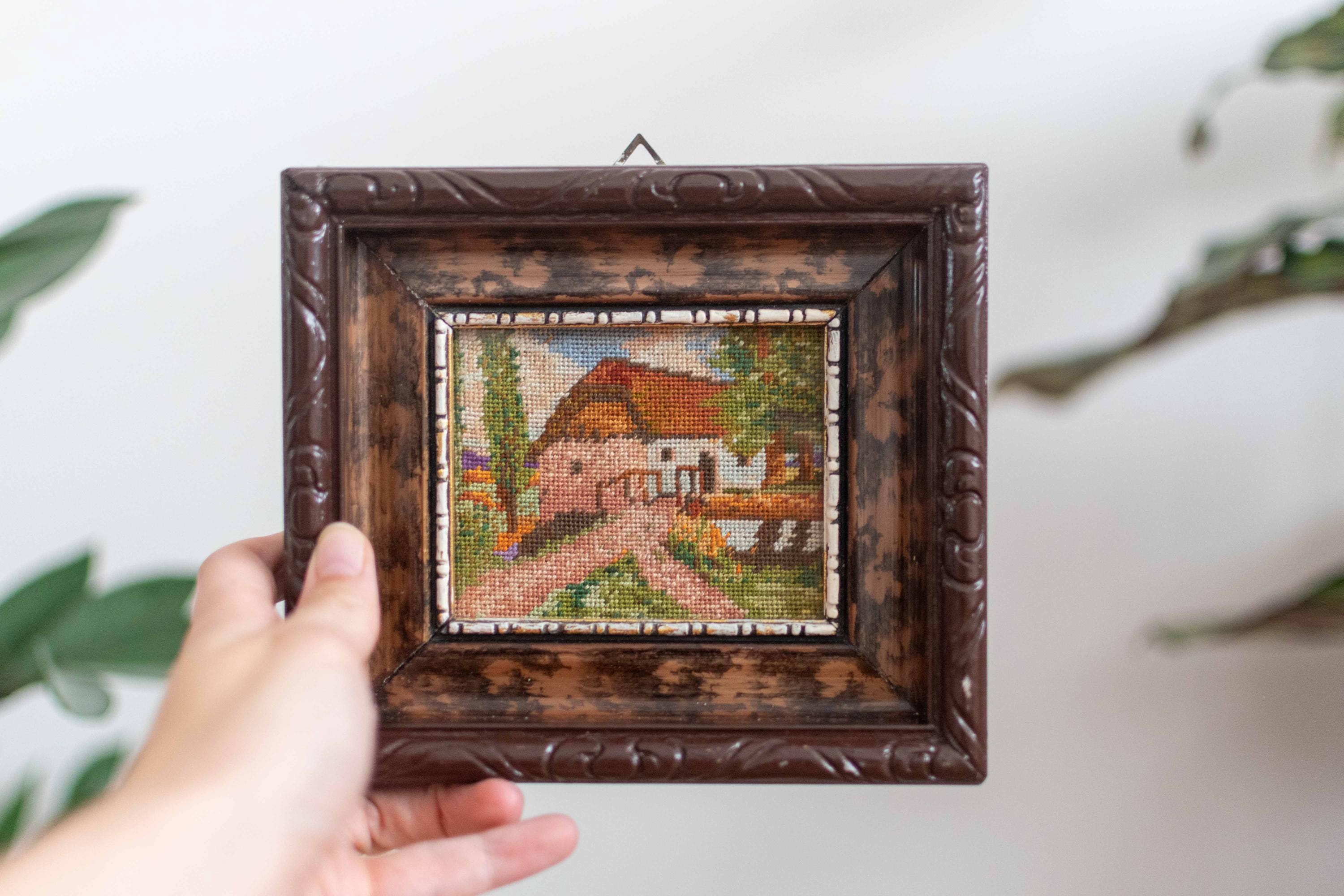 ヴィンテージ 1950 年代 ハンドメイド 額入り ニードルポイント 晩夏の