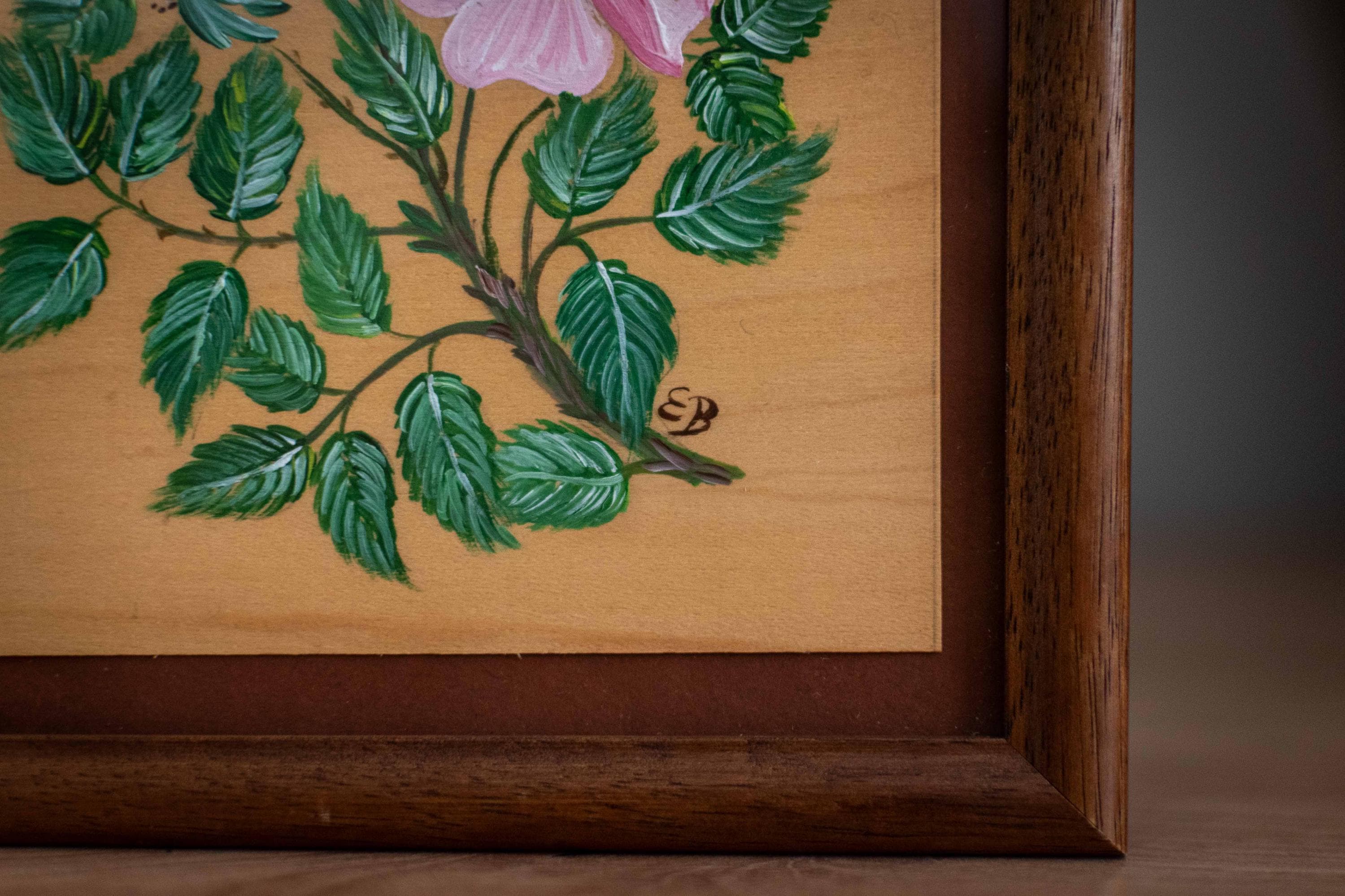 ヴィンテージ 1970 年代 署名入り ピンクの野バラ 油絵 木の花の絵画