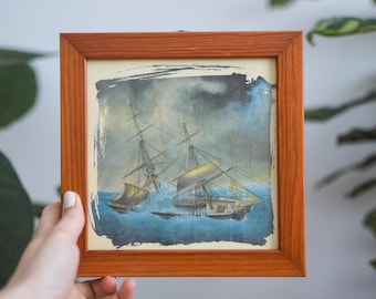 Arte mural vintage de naufragio náutico de los años 90: impresión marítima con marco cuadrado de madera, decoración para el hogar con tormenta oceánica, arte mural náutico, regalo de arte marítimo
