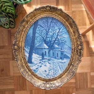 Large Vintage 1960s Beautiful Wiehler Chapel in the Snow Framed Gobelin | Original Framed Wiehler Gobelin Verschneite Kapelle | Antique Art