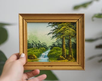 Vintage 1960s Landscape Oil Painting | Creek & Waterfall in Woods | Framed Mini Painting | Mid-Century Art | Rustic Gold Framed Wall Decor